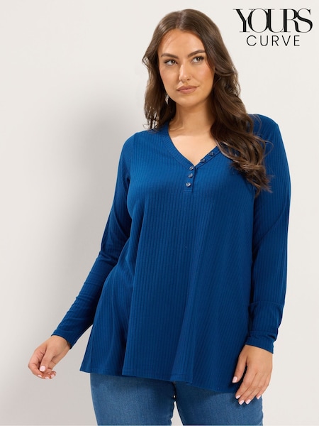 Blue - Yours Curve Henley Ribbed Swing Top