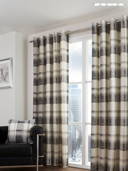 Fusion Grey Balmoral Check 100% Cotton Eyelet Curtains (137069) | £35 - £65