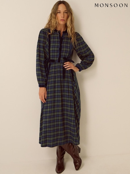 Blue - Monsoon Bella Velvet Check Print Midi Dress