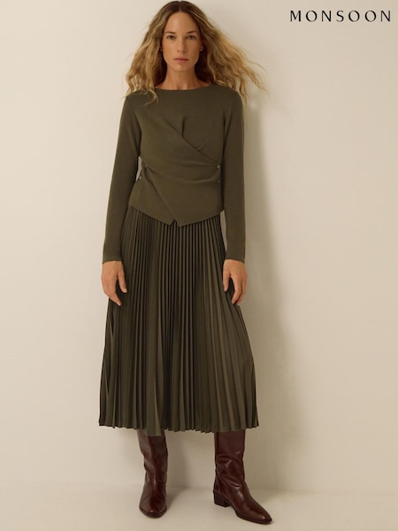 Green - Monsoon Fiz Drape Pleated Midi Dress