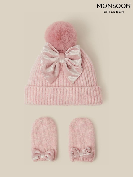 Pink - Monsoon Baby Bow Beanie Hat & Mittens Set