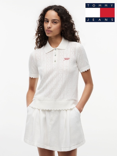 White - Tommy Jeans Pointelle Flag Short Sleeve Polo Jumper