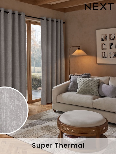 Grey Light Heavyweight Chenille Eyelet Super Thermal Curtains (138746) | £105 - £165