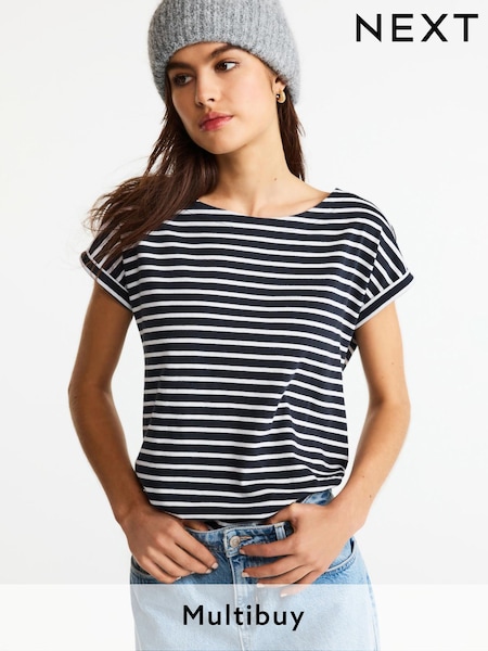 Navy Stripe Cap Sleeve T-Shirt Top (138748) | £9