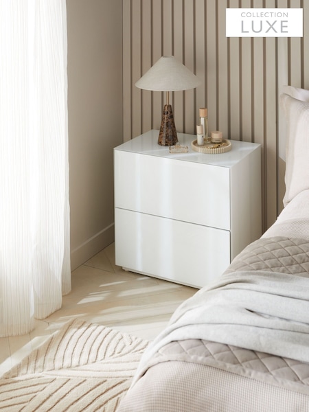 White Sloane Glass Collection Luxe 2 Drawer Wide Bedside Table (138781) | £425