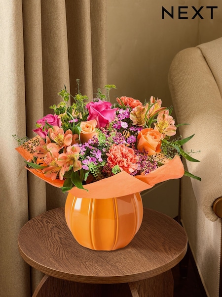 Rose And Carnation Autumn Flowers In Pumpkin Vase