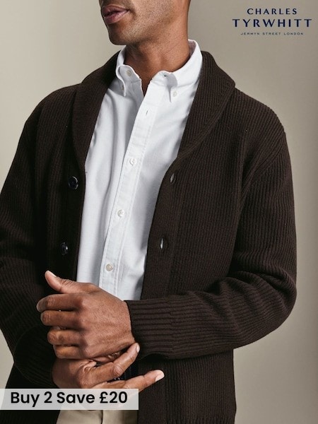 Brown - Regular Charles Tyrwhitt Chunky Merino Shawl Neck Cardigan