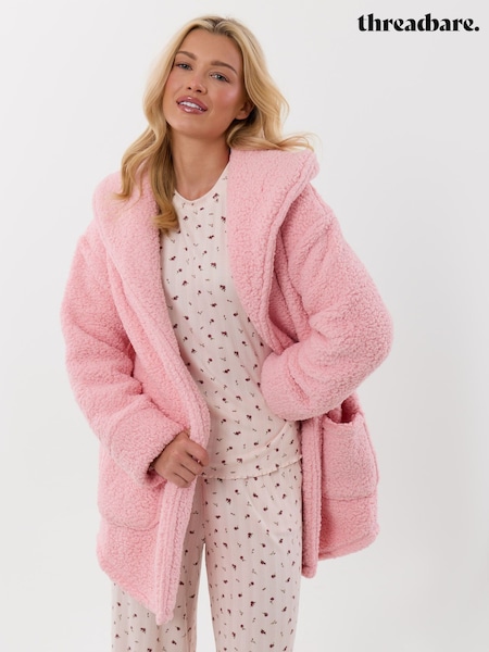 Pink - Threadbare Sherpa Fleece Open Dressing Gown