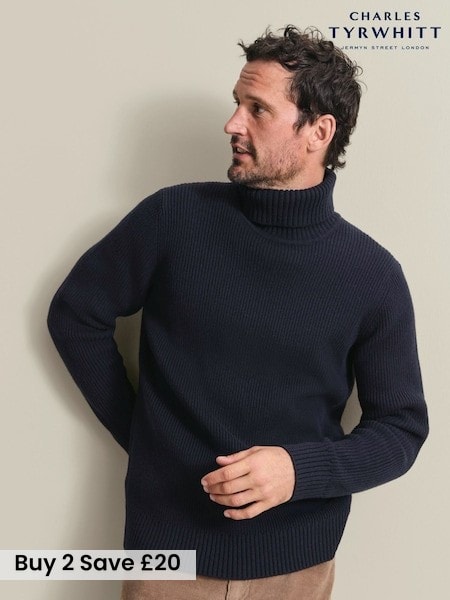 Navy Blue - Regular Charles Tyrwhitt Chunky Merino Roll Neck Jumper