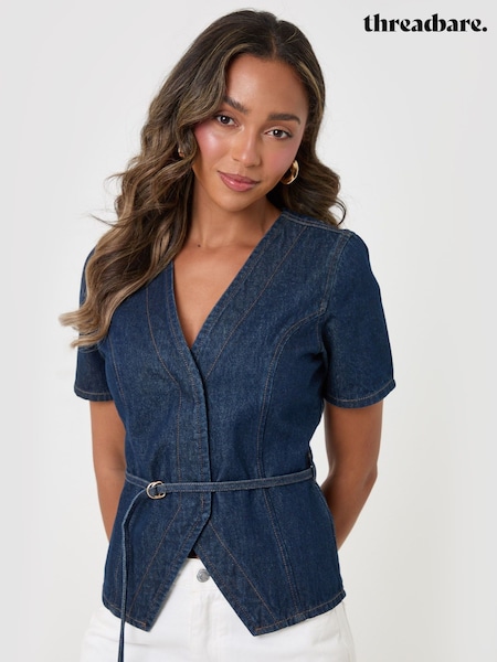 Blue - Threadbare Denim Belted Short Sleeve Top