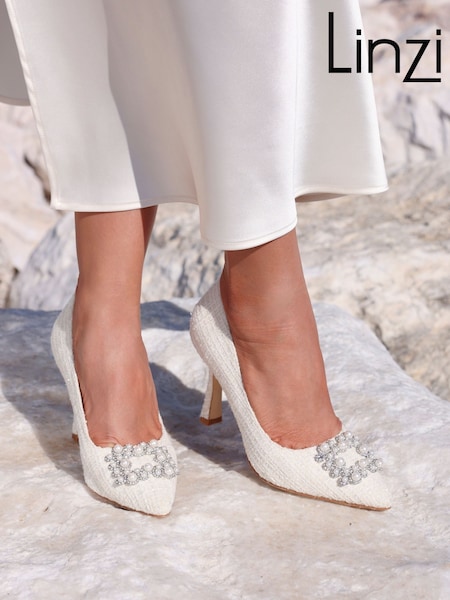 Linzi Ivory Bridal Anastasia Pearl Buckle Tweed Style Pumps (142638) | £42