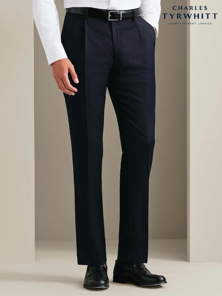 Blue - Regular Charles Tyrwhitt Flannel Slim Fit Plain Suit Pleated Trousers