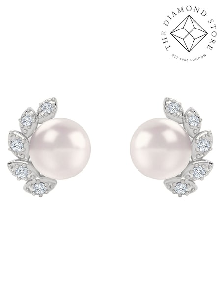White - The Diamond Store Eden 7.5mm Round Pearl And Lab Diamond Stud Earrings In Sterling Silver