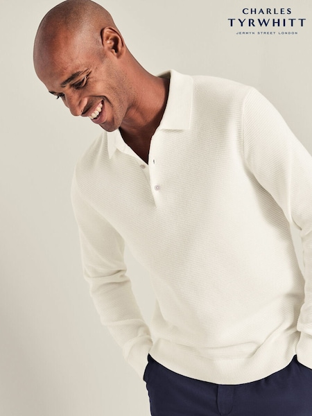 Natural - Regular Charles Tyrwhitt Knit Texture Long Sleeve Cotton Polo Shirt