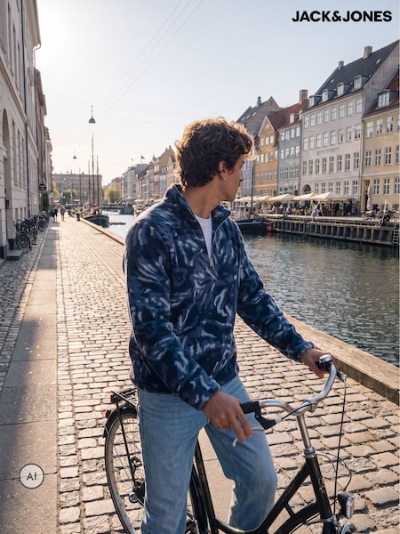 Blue - Regular Jack & Jones Half Zip Printed Fleece