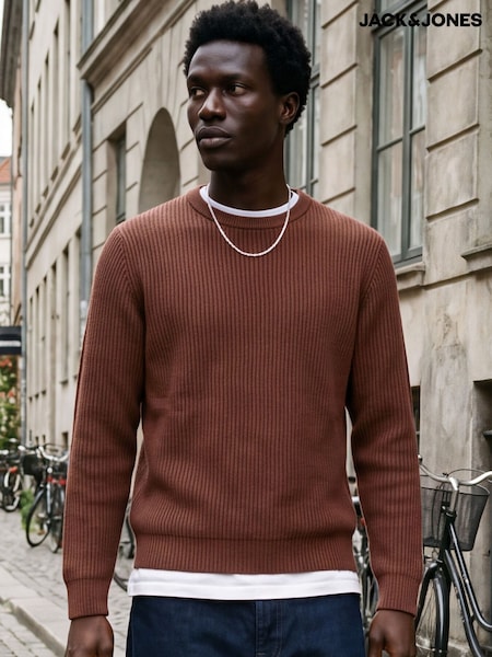 Brown - Regular Jack & Jones Ribbed Crew Neck Jumper