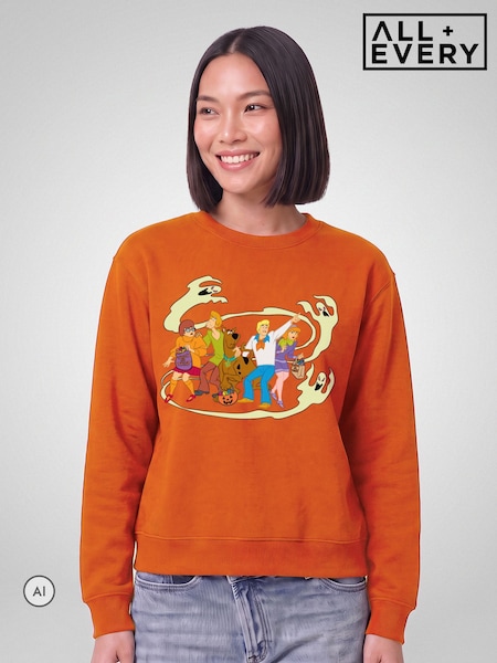Orange - All + Every Scooby Doo Halloween Gang Surrounded By Ghosts Sweatshirt