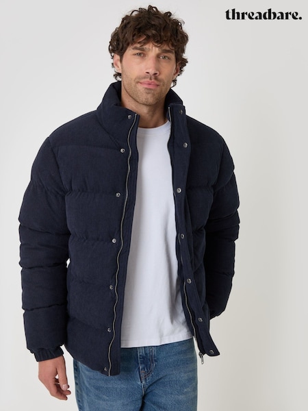 Navy - Regular Threadbare Corduroy Funnel Neck Puffer Coat