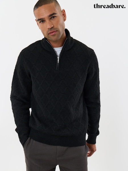 Black - Regular Threadbare Diamond Cable Knit Quarter Zip Jumper