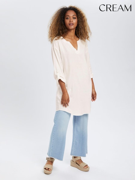 Cream Venta V-Neck Mid Thigh Length Tunic with Linen (150976) | £50