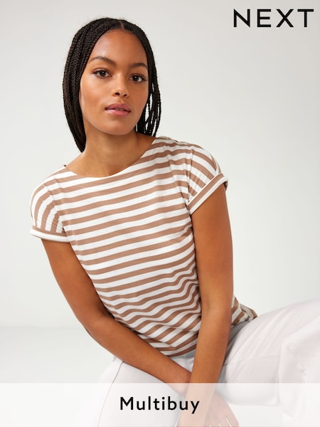 Neutral Stripe Cap Sleeve T-Shirt Top (151625) | £9