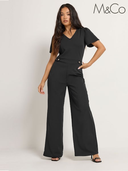 Black - M&co Petite Short Sleeve Button Detail Jumpsuit