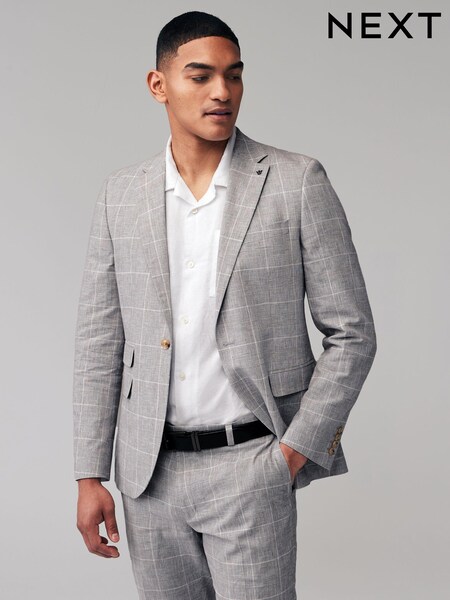Grey Slim Fit Check Linen Suit: Jacket (153431) | £8