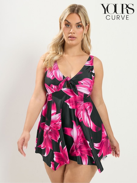 Black - Yours Curve Oversize Floral Knot Front Tankini Top