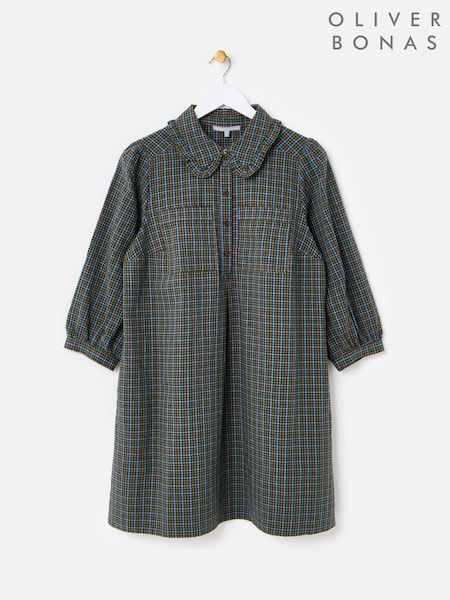 Blue & Green - Oliver Bonas Checked Frill Collar Mini Dress