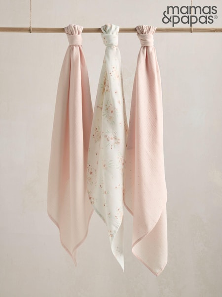 Mamas & Papas 3 Pack Pink Floral 100% Cotton Muslin Squares (157738) | £22