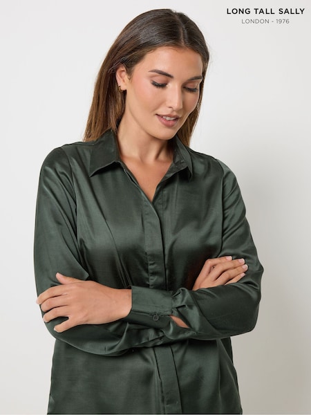 Green - Long Tall Sally Satin Button Through Shirt