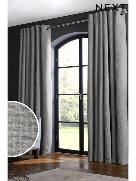 Grey Silver Heavyweight Chenille Eyelet Lined Curtains (159860) | £60 - £175