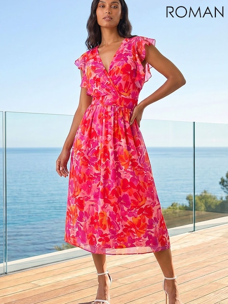 Orange - Roman Floral Bias Midi Dress