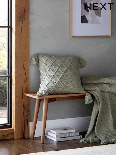 Sage Green Knitted Tassel Trim Cushion (162151) | £22