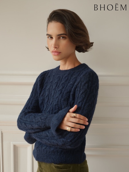 Navy - Crew Neck Cables Knit Jumper Cuff Frill Detail With Wool