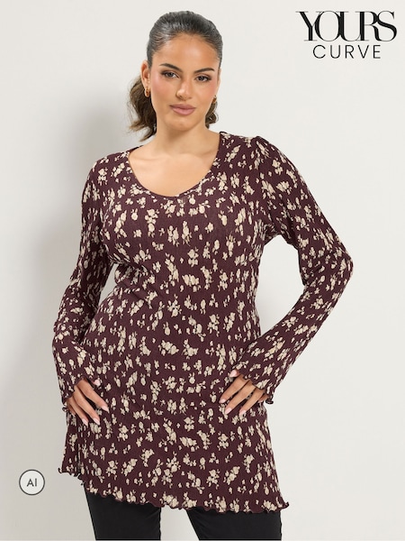 Brown - Yours Curve Plisse Fluted Ditsy Floral Tunic Top