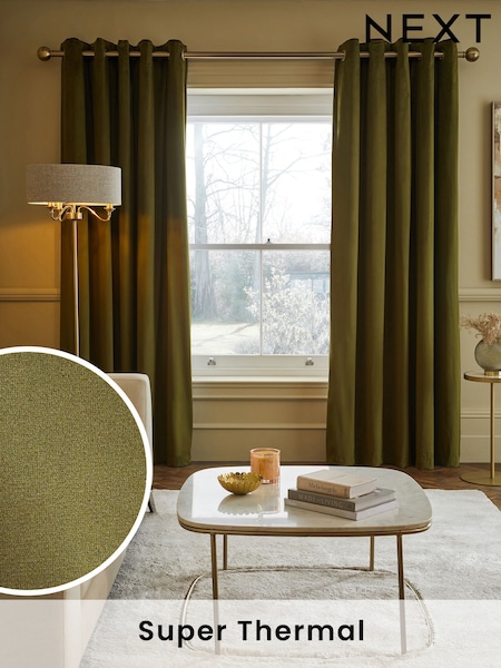 Green Olive Matte Velvet Super Thermal Curtains (164716) | £60 - £175