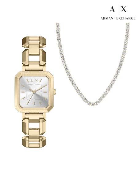 Gold - Armani Exchange Three Hand Stainless Steel Watch And Necklace Set