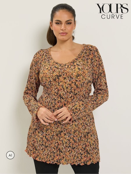 Orange - Yours Curve Plisse Fluted Ditsy Floral Tunic Top
