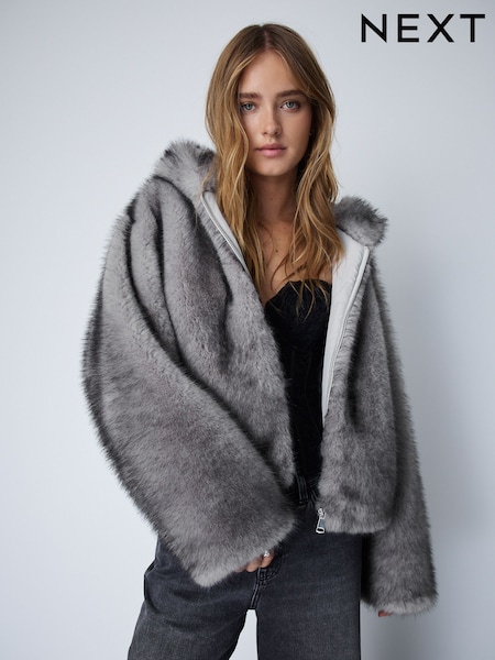Grey - Plush Faux Fur Hooded Jacket