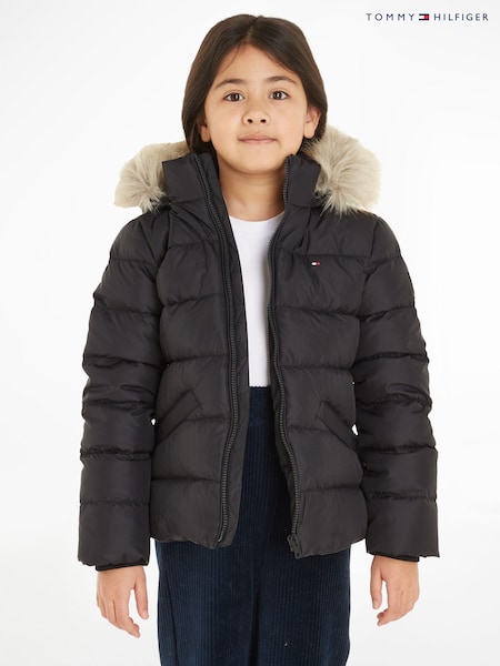Tommy Hilfiger Black Girls Essential Down Faux Fur Hood Jacket (167807) | £130 - £150