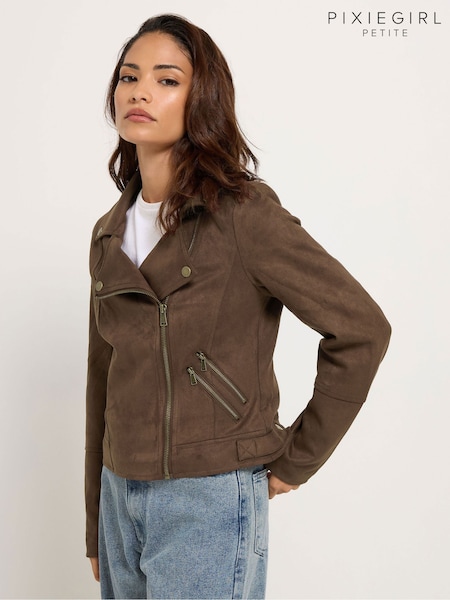 Brown - Pixiegirl Petite Suedette Biker Jacket