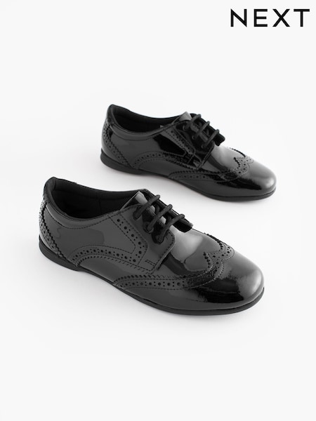 Black Patent Narrow Fit (E) Leather Brogue Lace-Up School Shoes (168918) | £27 - £34