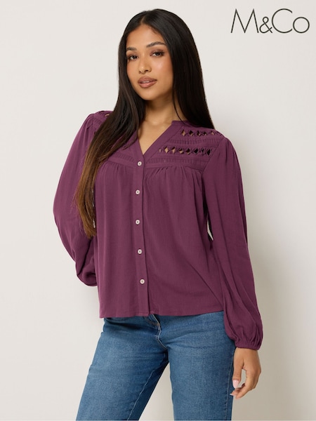 Purple - M&co Petite Crochet Insert Long Sleeve Blouse