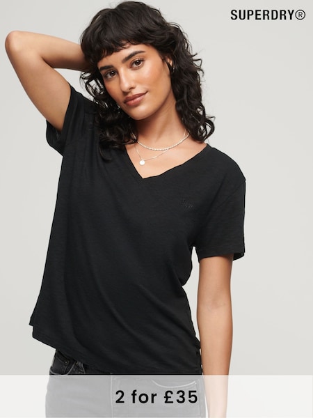 Superdry Black Slub Embroidered Relaxed V-Neck T-Shirt (171581) | £20