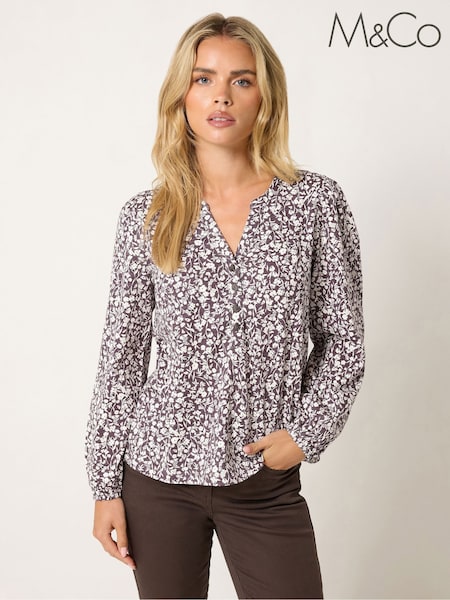 Purple - M&co Petite Ditsy Half Placket Top
