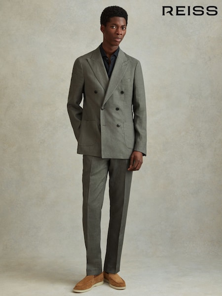 Reiss Dark Sage Halgas Linen Double Breasted Blazer (172654) | £178