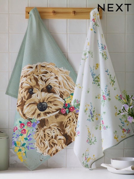 Set of 2 Sage Green Charlie Cockapoo 100% Cotton Tea Towels (173266) | £10