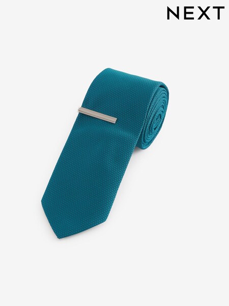 Teal Blue Slim Textured Tie And Clip Set (173697) | £14