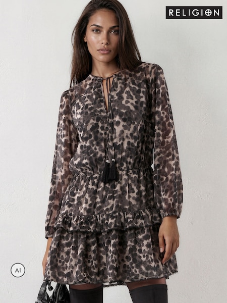 Grey Leopard Print - Religion Short Dress With Tie Waist